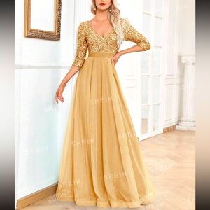 Contrast Sequin Mesh Hem A Line Long Sleeve Luxury V-Neck Evening Dress